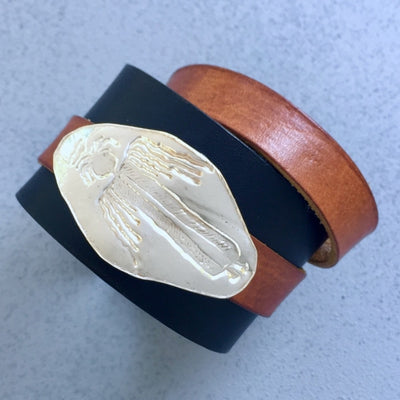 Leather Bracelet With Removable Angel Amulet 6.5 - 7 / Black/ Tan/ Silver Jewelry