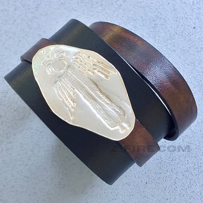 LEATHER BRACELET WITH REMOVABLE ANGEL AMULET | < Z-FIRE.COM > .999 Fine Silver Amulet/Removable 1.5" Black leather bracelet 0.6" Mahogany, Grey or Tan wrap-around Leather Strap Free Astrology Report Free Standard Shipping Hassle Free Returns