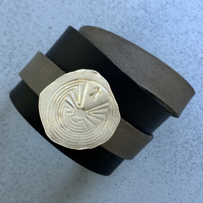 LEATHER BRACELET WITH REMOVABLE MAZE AMULET | < Z-FIRE.COM > .999 Fine Silver Amulet/Charm 1.5" Black leather bracelet 0.6" Mahogany, Grey or Tan wrap-around Leather Strap Free Astrology Report Free Standard Shipping Hassle Free Returns