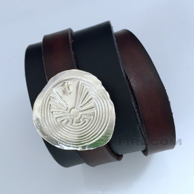 LEATHER BRACELET WITH REMOVABLE MAZE AMULET | < Z-FIRE.COM > .999 Fine Silver Amulet/Charm 1.5" Black leather bracelet 0.6" Mahogany, Grey or Tan wrap-around Leather Strap Free Astrology Report Free Standard Shipping Hassle Free Returns