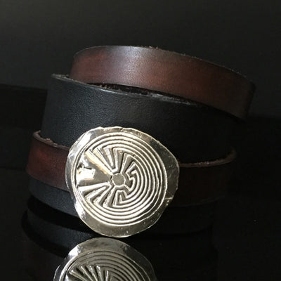 LEATHER BRACELET WITH REMOVABLE MAZE AMULET | < Z-FIRE.COM > .999 Fine Silver Amulet/Charm 1.5" Black leather bracelet 0.6" Mahogany, Grey or Tan wrap-around Leather Strap Free Astrology Report Free Standard Shipping Hassle Free Returns
