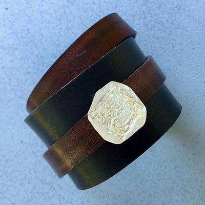Leather Bracelet With Removable Silver Dragon Amulet 6.5-7 / Black/ Mahogany/ Jewelry