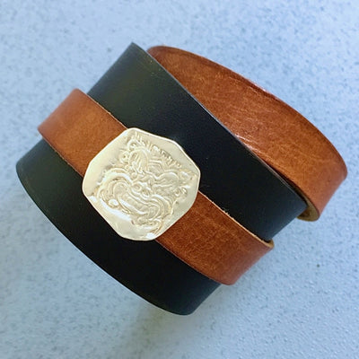 LEATHER BRACELET WITH REMOVABLE DRAGON AMULET | < Z-FIRE.COM > .999 Fine Silver Amulet/Charm 1.5" Black leather bracelet 0.6" mahogany, grey or tan wrap-around leather strap Free Astrology Report Free standard shipping hassle Free Returns