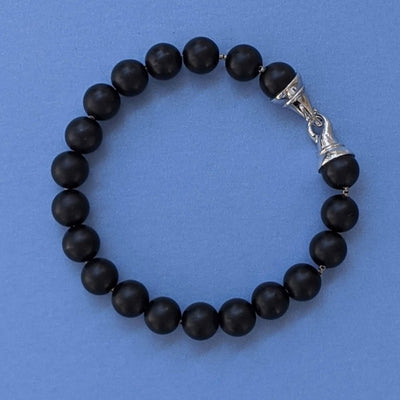 MENS BLACK ONYX & SILVER CHAIN BRACELET < Z-FIRE.COM > .925 Sterling Silver Clasp .925 Sterling Silver Box Chain 10mm Black Matte Onyx Beads Mens Universal Size Free Astrological Cart Free Shipping Hassle Free Returns