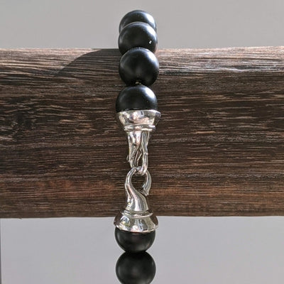 MENS BLACK ONYX & SILVER CHAIN BRACELET < Z-FIRE.COM > .925 Sterling Silver Clasp .925 Sterling Silver Box Chain 10mm Black Matte Onyx Beads Mens Universal Size Free Astrological Cart Free Shipping Hassle Free Returns