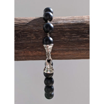 MENS BLACK ONYX & SILVER CHAIN BRACELET < Z-FIRE.COM > .925 Sterling Silver Clasp .925 Sterling Silver Box Chain 10mm Black Matte Onyx Beads Mens Universal Size Free Astrological Cart Free Shipping Hassle Free Returns