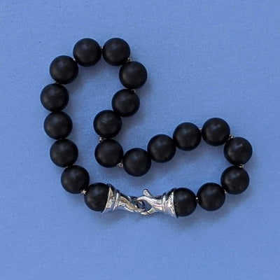 MENS BLACK ONYX & SILVER CHAIN BRACELET < Z-FIRE.COM > .925 Sterling Silver Clasp .925 Sterling Silver Box Chain 10mm Black Matte Onyx Beads Mens Universal Size Free Astrological Cart Free Shipping Hassle Free Returns